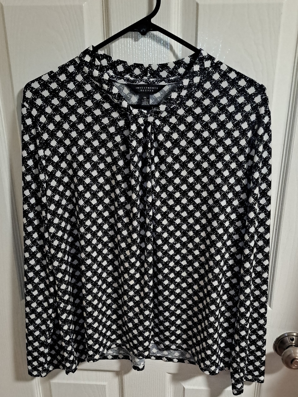 Investments Petite Black & White Geometric Tie-Neck Blouse